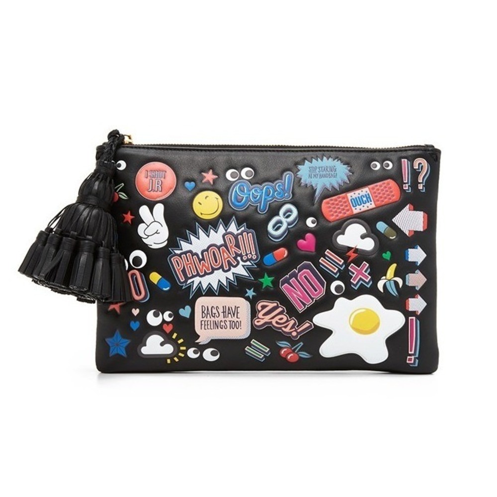 Anya Hindmarch Georgiana All Over Wink Sticker Clutch Bag with Tassel